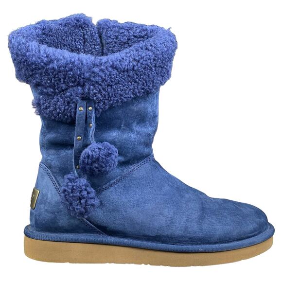 UGG Women’s Plumdale Blue Suede Cuffed Pom Pom Winter Boot Size 7 - Picture 1 of 10